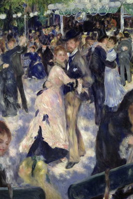 Pierre auguste renoir le – motivvy. Många festklädda gestalter samlas i en målad dansscen med blå, vita och rosa färgskiftningar.