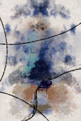 Reverie texture vertical – motivvy. Blå och turkosa färgskiftningar möter tunna svarta bågar och beige partier på en ljus bakgrund.