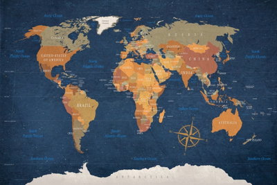 World map ink oceans – motivvy. Ockrafärgade länder breder ut sig mot mörkblått vatten med tunna linjer och en kompassros.