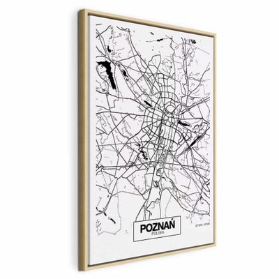 City plan poznan vertical – naturfärgad ram. Svarta vägar, kvarter och mörka vattenformer ramar in en tät vit stadskarta med namnet POZNAŃ.