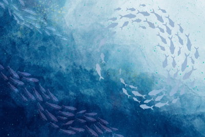 Sea depths – motivvy. Små fiskar bildar böjda stim i ett undervattensmotiv med ljusa och mörka blå färgskikt.
