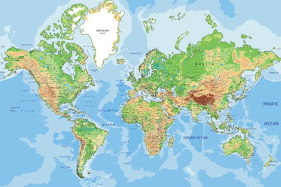 Explore the world – motivvy. En detaljerad världskarta visar blå hav och kontinenter i gröna, gula och bruna höjdskiftningar.