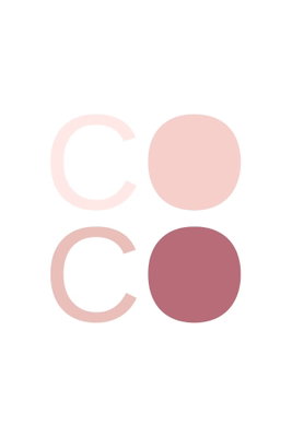 Pink coco vertical – motivvy. Rundade bokstäver och cirkelfält i flera rosa nyanser bildar ett luftigt typografiskt motiv på vitt.
