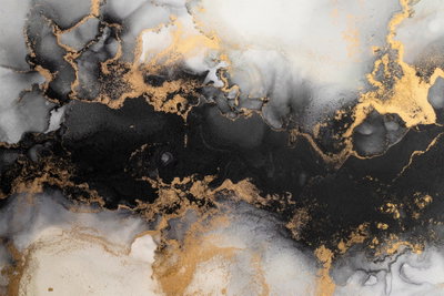 Golden explosions abstract – motivvy. Svarta och grå marmorerade former möter vita fält och förgrenade guldfärgade linjer.