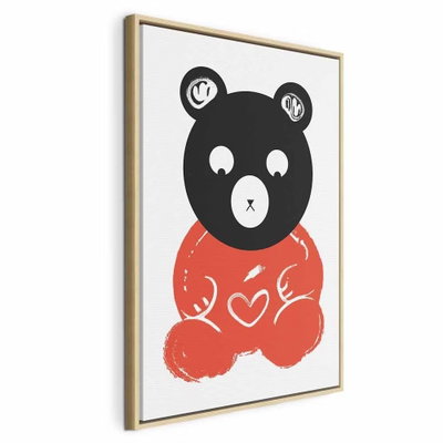 Thoughtful bear vertical – naturfärgad ram. Ett svart björnhuvud och en röd kropp med vita markeringar bildar en stiliserad figur mot vitt.