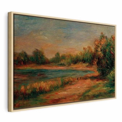 Pierre auguste renoir – naturfärgad ram. En väg slingrar sig längs gröna buskar och öppna fält under en gråblå, målad himmel.