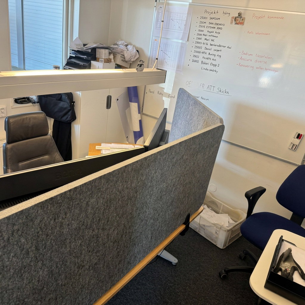 Bulletin Desk Screen: A gray desk screen mounted on a desk for a quieter work environment