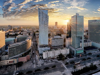Ljuddämpande tavla - Warsaw skyscrapers at sunset
