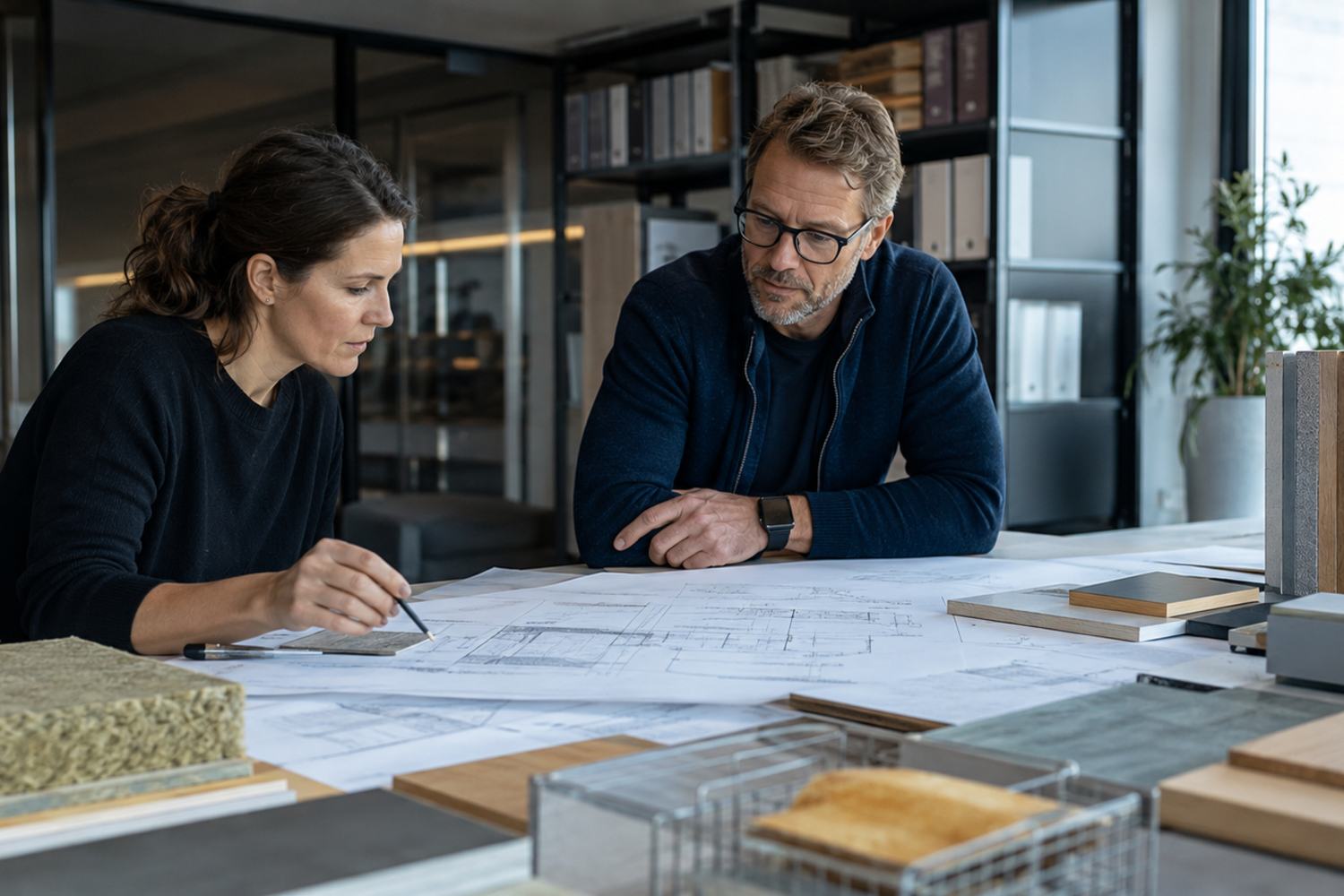 Arkitekt och brandsakkunnig granskar ljudisolerande material och byggnadens brandskydd.