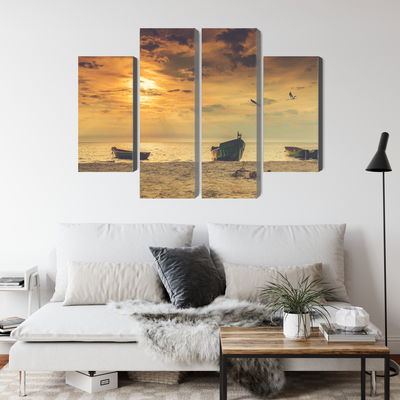 Ljuddämpande tavla - Boats on the beach at sunset