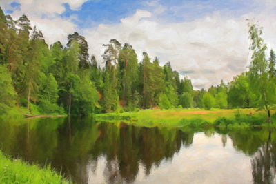 Ljuddämpande tavla - Forest landscape with a lake