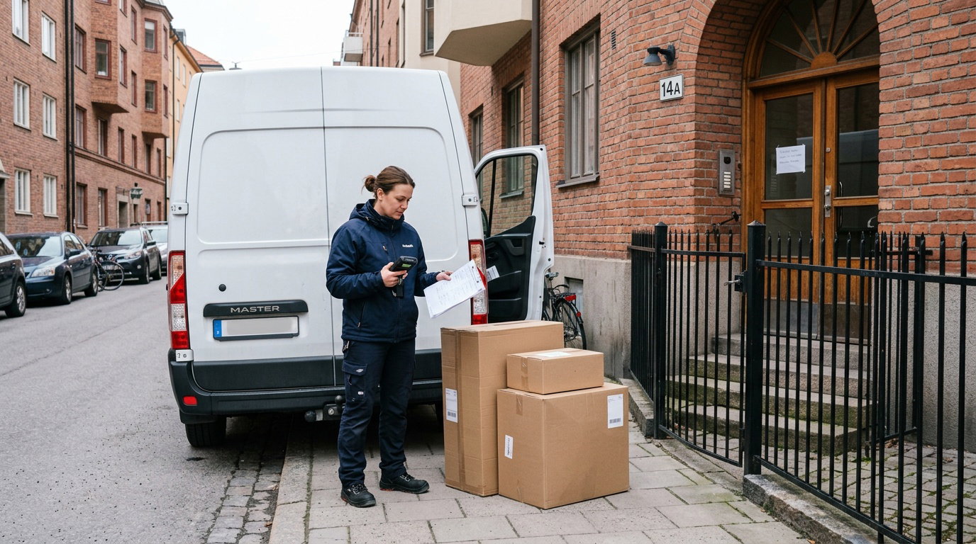 Een bestelwagen bezorgt pakketten op een adres in de stad en controleert de afleveringsdocumenten bij de poort.