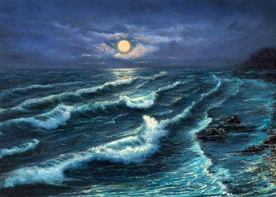 Ljuddämpande tavla - Sea waves and moon