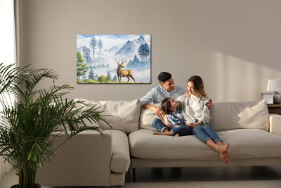 Ljuddämpande tavla - Moutain landscape with deer