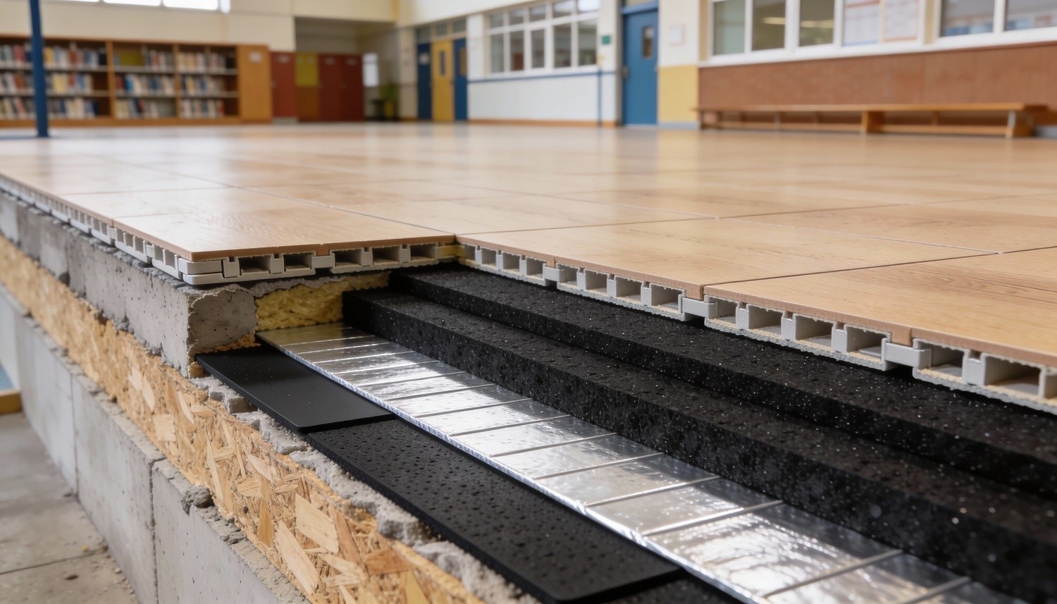 Ljudisolering av golv. Stoppar ljud mellan rum där trummor spelas.