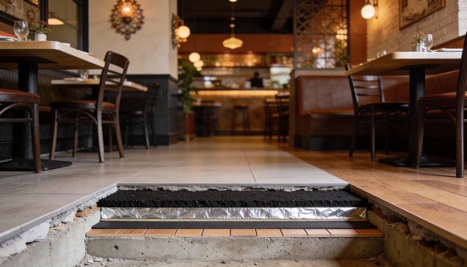 Kunskapsportal om ljudisolering av golv i restaurang som minskar ljudspridning och förbättrar ljudmiljön.