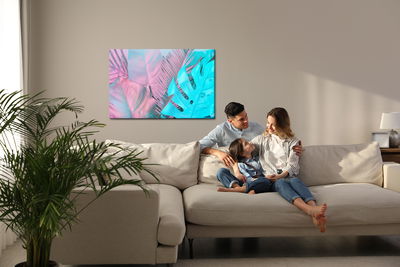 Ljuddämpande tavla - Tropical leaves in neon