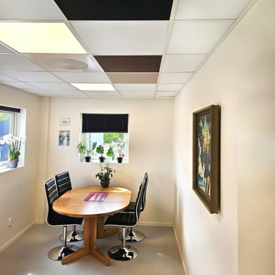 SilentDirect PES Fabric 592x592 -kattoäänieristyslevyt useissa väreissä, asennettuina runkokattoon