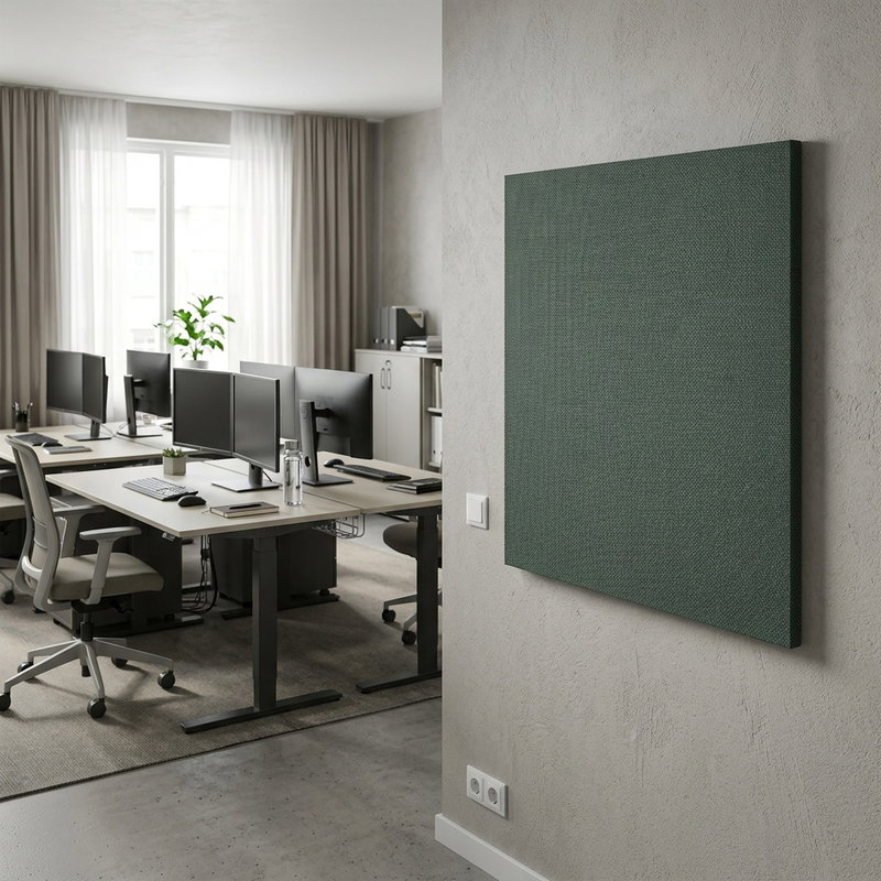 SilentDirect Wall Square grön ljudabsorbent monterad på vägg i kontorsmiljö