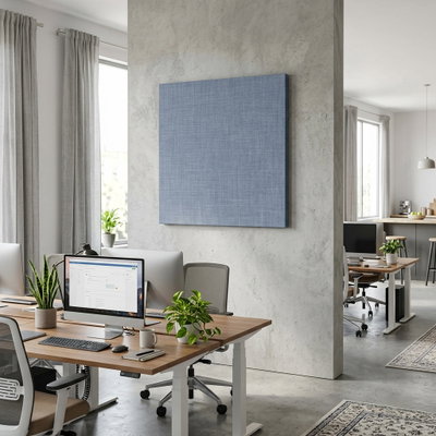 SilentDirect Wall Square ljusgrå ljudabsorbent monterad på vägg i kontorsmiljö