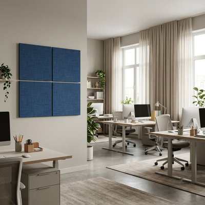SilentDirect Wall 4-Parts Four blå ljudabsorbent monterad i modern arbetsmiljö