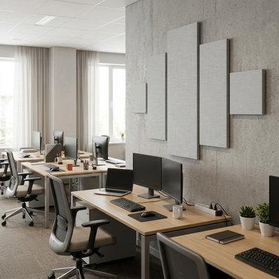 SilentDirect Wall 5-Parts One beige ljudabsorbent monterad på vägg i arbetsmiljö