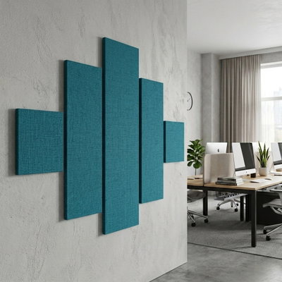 SilentDirect Wall 5-Parts One turkos ljudabsorbent med fem paneler monterad på vägg