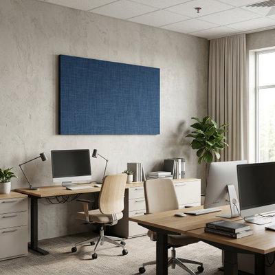 SilentDirect Wall Rectangle blå ljudabsorbent monterad på vägg i kontorsmiljö