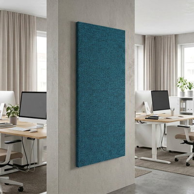 SilentDirect Wall Rectangle stående turkos ljudabsorbent monterad på vägg i kontorsmiljö