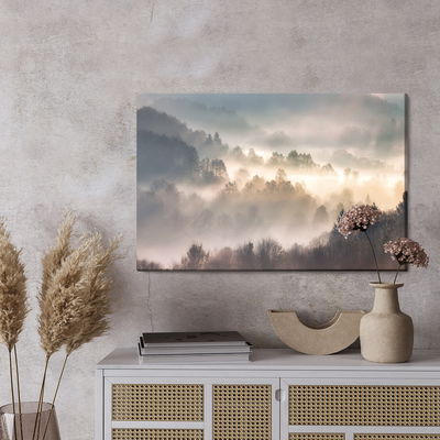 Ljuddämpande tavla - Mist in forest with sunbeam