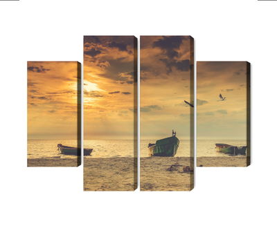 Ljuddämpande tavla - Boats on the beach at sunset