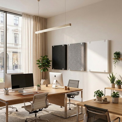 PES Wall Deep Absorb lydabsorberende paneler, 100 mm, i hvid, grå og sort, monteret med dykterbeslag