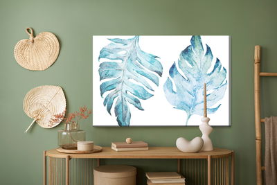 Ljuddämpande tavla - Blue monstera leaves painted