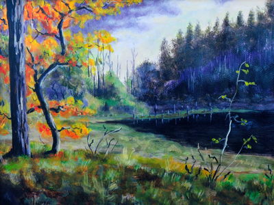 Ljuddämpande tavla - Autumn forest in the evening