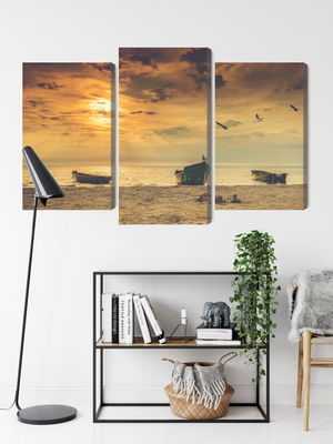 Ljuddämpande tavla - Boats on the beach at sunset