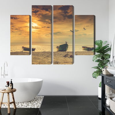 Ljuddämpande tavla - Boats on the beach at sunset