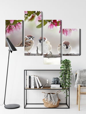 Ljuddämpande tavla - Sparrows among flowers