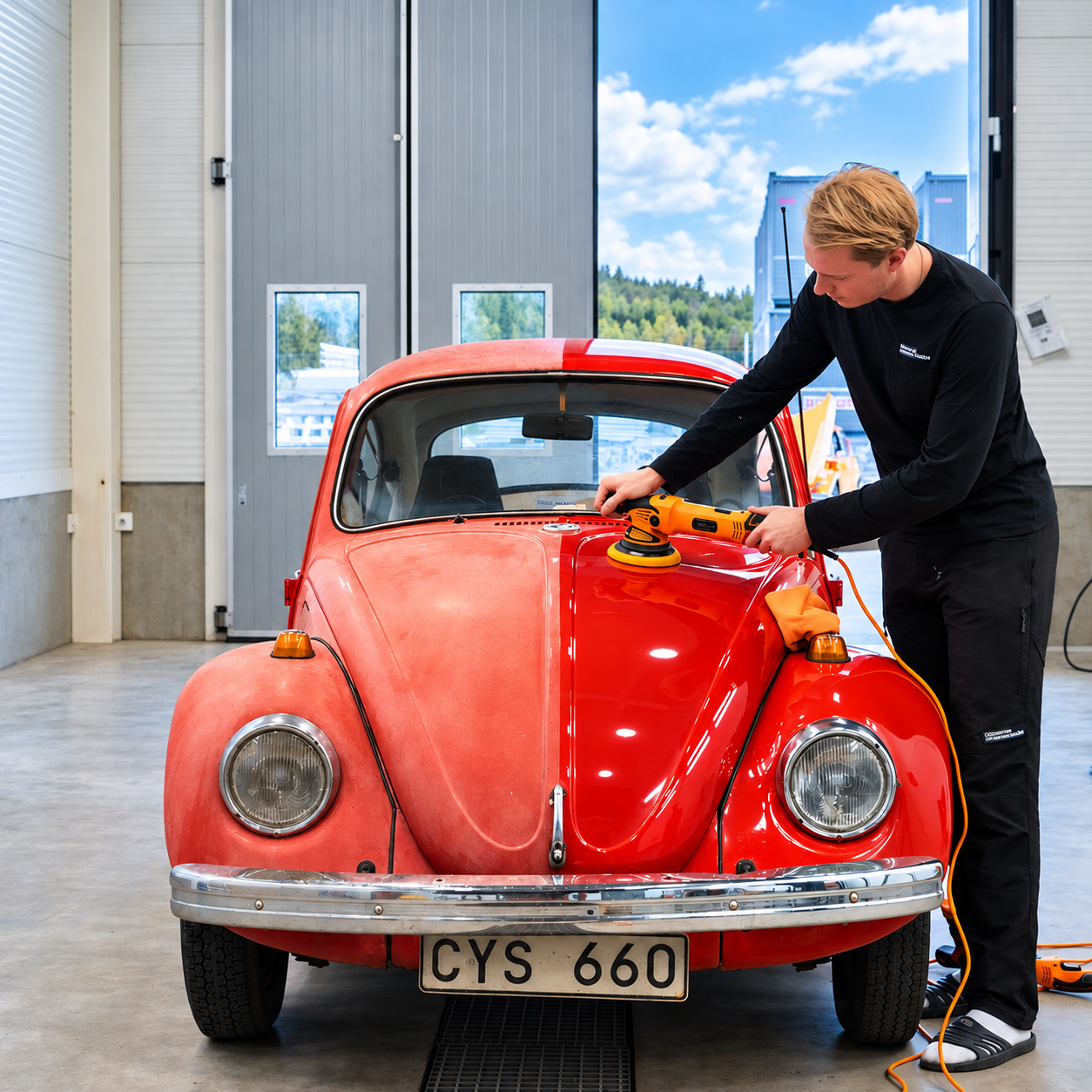 Hampus polerar röd Volkswagen bubbla med Gördetmedrws poleringspaket