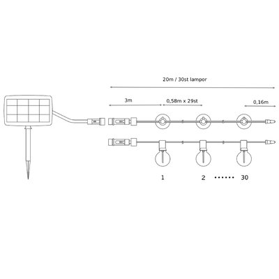 Solcellsljusslinga 20m 30st Klara LED med fjärrkontroll