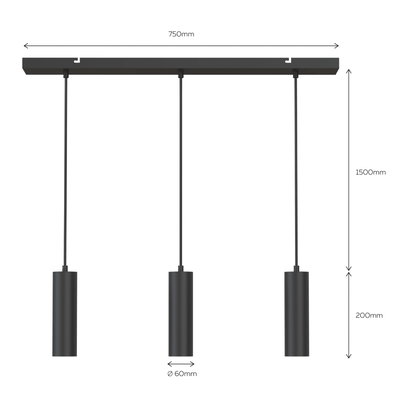 Takpendel 75cm med 3st GU10 lampor Svart
