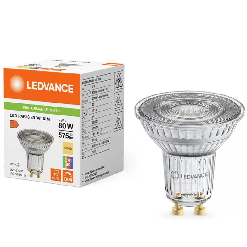 Spot/Reflektorlampa LED 575lm GU10 3000K Dim 4099854234880_290_FC1 PAR16 80 DIM PFM 7W ba36 930 GL GU10