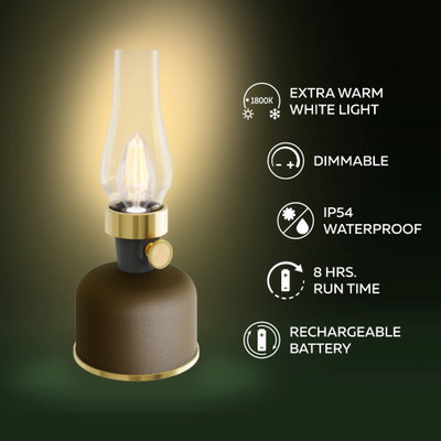 Uppladdningsbar LED Oljelampa IP54 Brun-mocha Dimbar