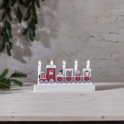 Adventsljusstake Jolly Vit-röd Tåg 5-armad Batteridrivet