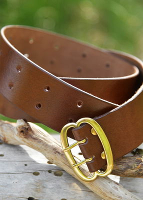 Broad Leather Belt with Brass Buckle, brown