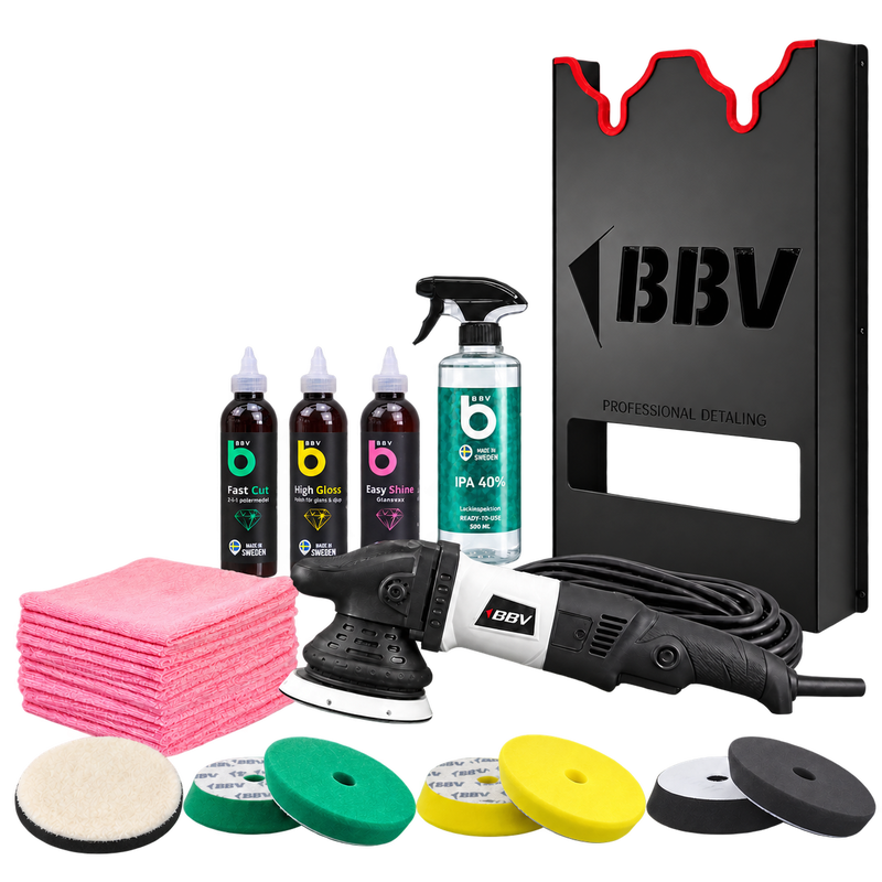 BBV X-15 polerpaket med vägghållare, fyra flaskor, sju polerrondeller och tio rosa mikrofiberdukar