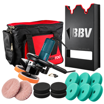 Twin Tools polermaskinpaket med väska, BBV vägghållare, två ullrondeller, fyra svarta HD-rondeller och sex finishingrondeller