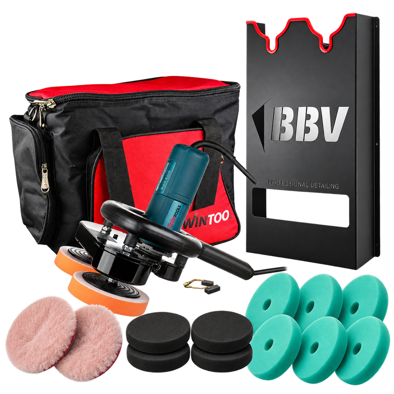 Twin Tools polermaskinpaket med väska, BBV vägghållare, två ullrondeller, fyra svarta HD-rondeller och sex finishingrondeller