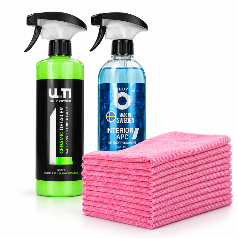 Bilvårdskit med ULTI Ceramic Detailer 500 ml, BBV Interior APC 500 ml och tio rosa mikrofiberdukar