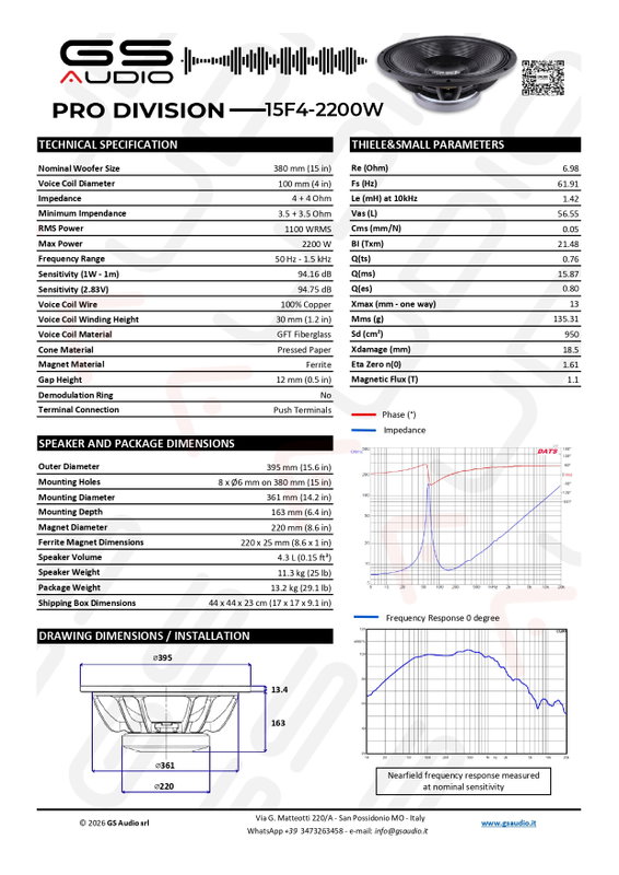 GS Audio PRO 15F4-2200W | PA Woofer
