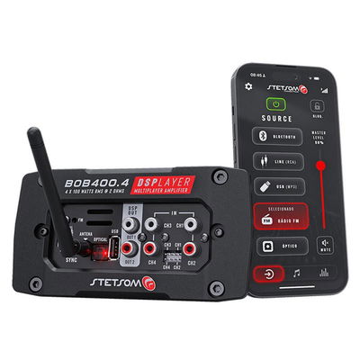 Stetsom DSP-Förstärkare för inbyggnad med 4x100W RMS, App & FM-radio